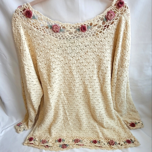 Cream Crochet Rosebud Sweater VTG - Picture 1 of 4